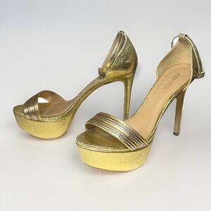 Anni Sitka Gold Platform Heels Women’s‎ Sz 7 Metallic Ankle Strap Open Toe Shoes